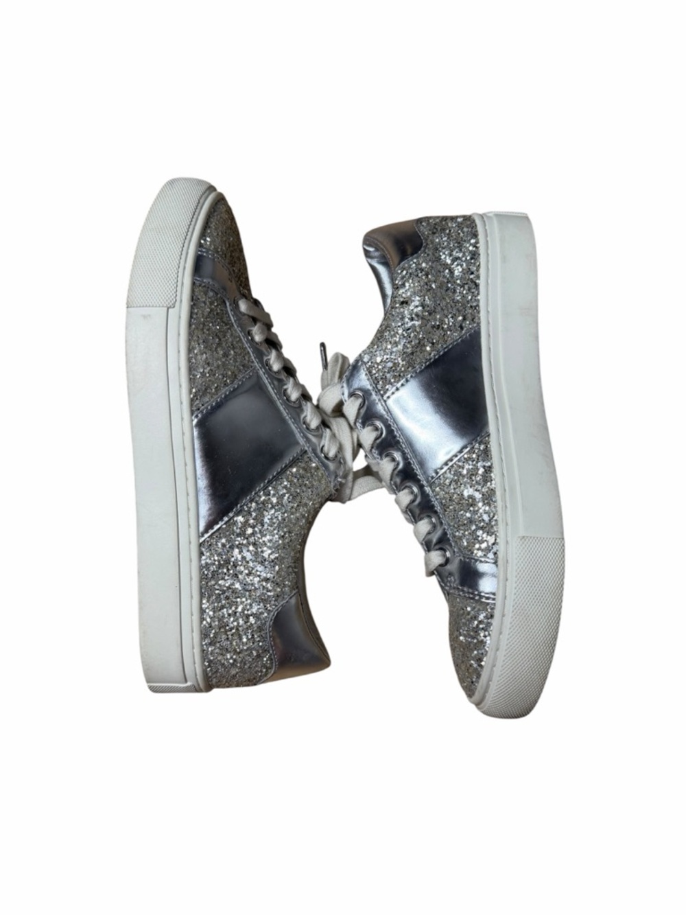 Tory Burch Silver Glitter Lace-Up Sneakers with Metallic Panels Sz 6